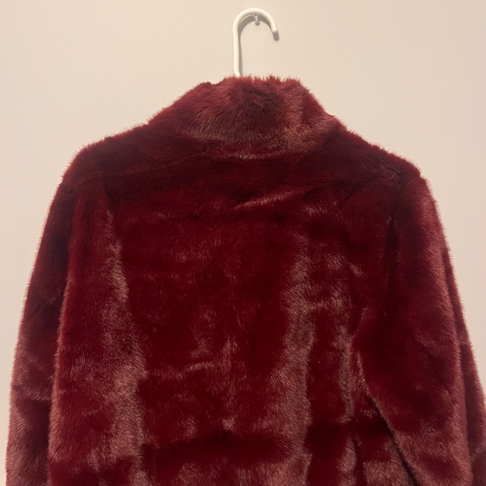 🎉🎉Red Contrast Trim Faux Croc Leather & Faux Fur Snap Button Front Zipper Moto - Picture 15 of 17